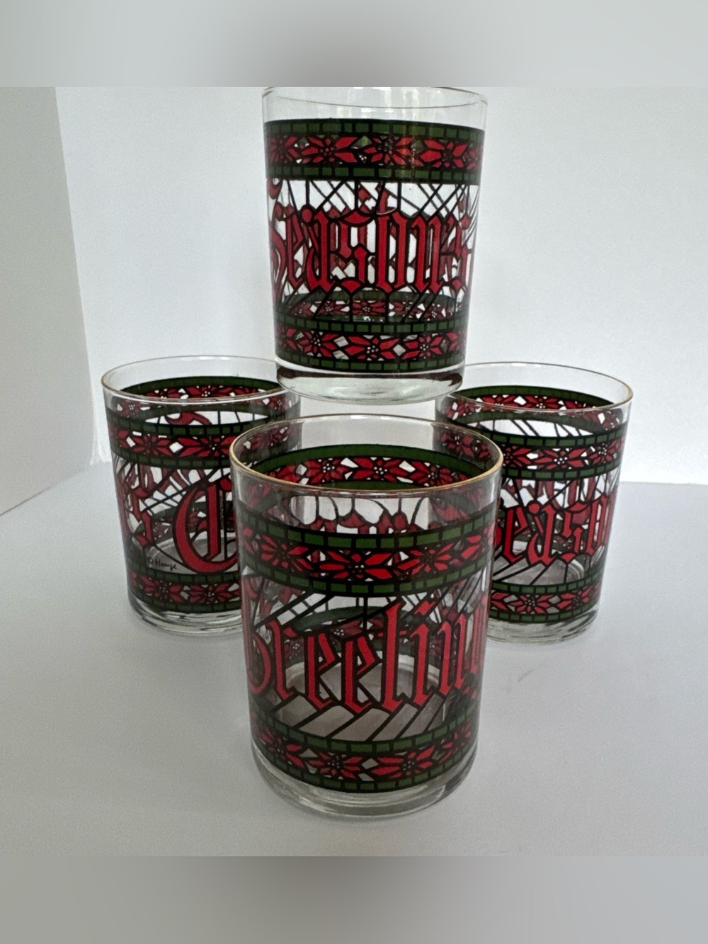 Set of 4 Vintage Houze SEASONS GREETINGS Low Ball Christmas Glasses Red & Green